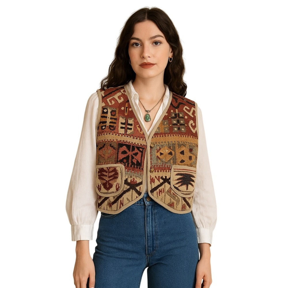 DURUSEL Vintage Kilim Wool Vest Turkish Boho Ethnic Folk Southwestern Lined